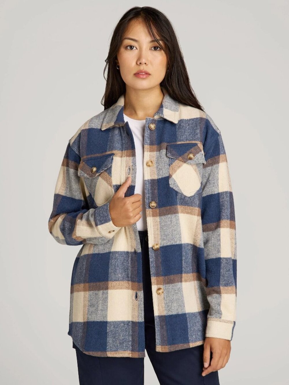 NWOT American Tall Flannel Shacket Plaid Shirt Jacket size 2XLT Cream/ Blue
